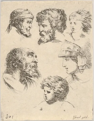 Plate 10 Six Heads Three Bearded Men One Soldier And Two Children