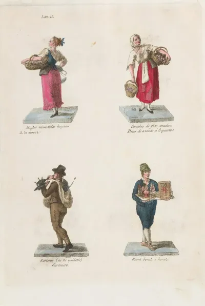Plate 13 Four Street Vendors From Madrid Selling Muscat Grapes Plums Pans And Pop Up Saints