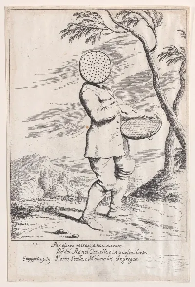 Plate 2 Bertoldo Holding A Tart In His Hand And Wearing A Sieve On His Head