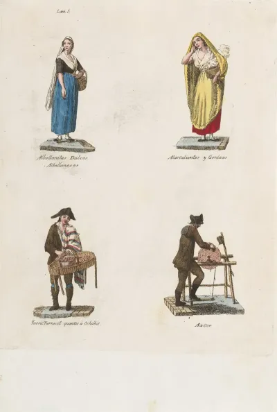 Plate 5 Four Street Vendors From Madrid Selling Sweet Albellanitas Dulces Alacalienties Tender Cuts And A Knife Grinder