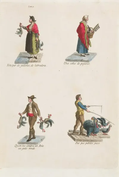 Plate 9 Four Street Vendors From Madrid Selling Different Kinds Of Birds Chicken Turkey Etc