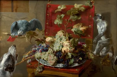 Plate Of Fruits On A Chair Surrounded By A Parrot A Monkey And A Dog
