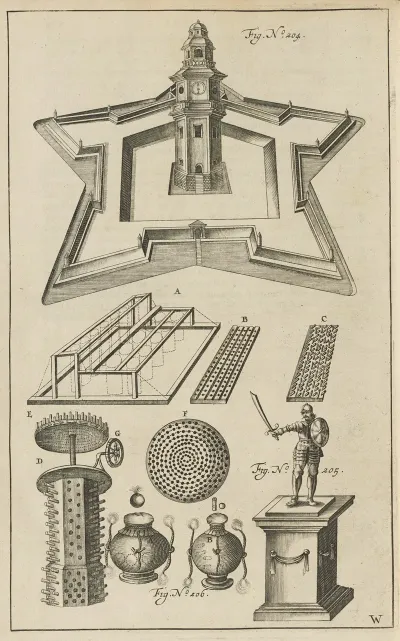 Plate W Pyrotechnic Set Piece Of A Fortified Castle Triumphal Statue Military Pyrotechnics