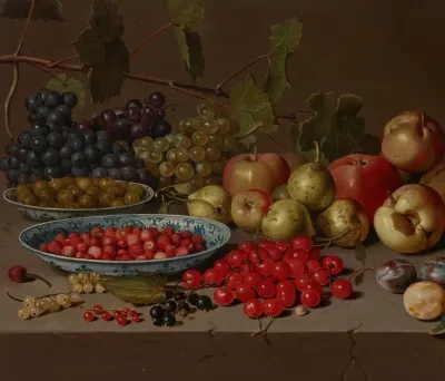 Plates Of Cherries And Wild Strawberries With Grapes Apples Pears Plums And Other Fruits On A Stone Ledge