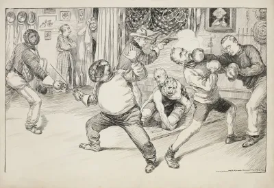 Politicians Engaged In Conflicts Fencing Wrestling And Boxing In Front Of A Portrait Of George Washington Who Is Unhappy