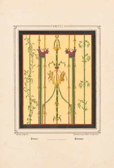 Pompei Frescoe With Two Figures At Center Perched On Gold Fixtures On Design With Vines Birds And Architectural Elements