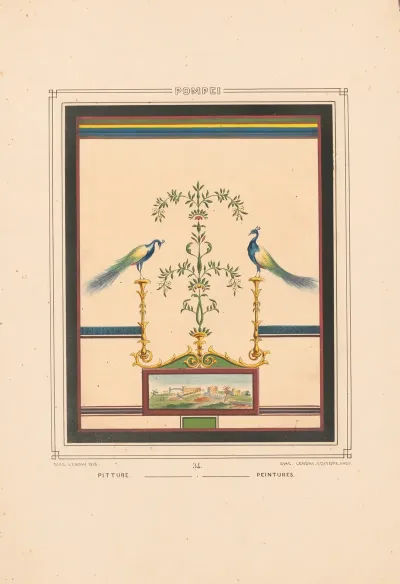 Pompei Frescoe With Two Peacocks Facing Center Perched On Gold Fixtures With Floral Arrangement Of Leaves And Small Blossoms At Center