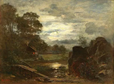 Pond Landscape With Jetty And Hut In The Moonlight
