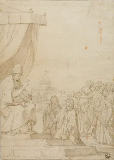 Pope Blessing Two Women In The Presence Of Satyr And Assembled Women With Castel Sant Angelo In The Background
