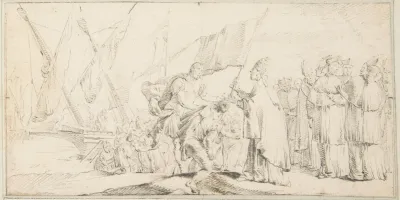 Pope Handing A Banner To A Crusader With Ships In The Background