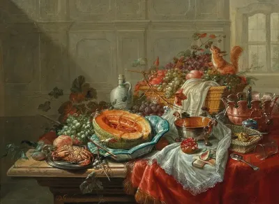 Porcelain Silver Objects Fruit And Shellfish On A Table