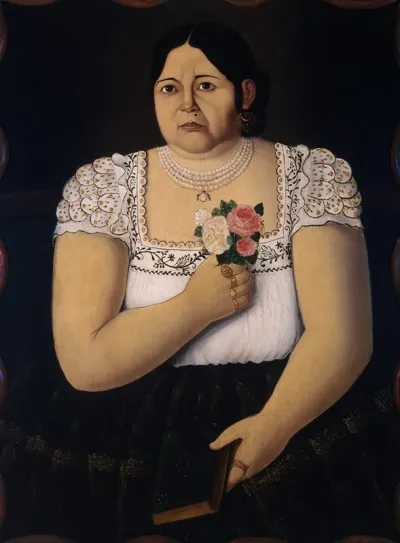 Portait Of A Native Puebla Woman With A Bouquet Of Roses