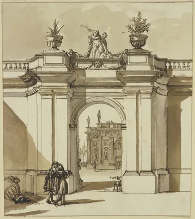 Portal Eines Palastes Davor Zwei Figuren Und Ein Sitzender Hund