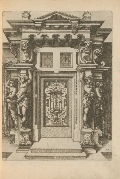 Portal Flanked By Four Caryatids Next To The Door With Grotesque Flat Decorations