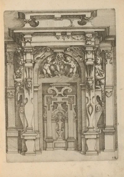 Portal Flanked By Two Herms And With A Lion In The Door Frame