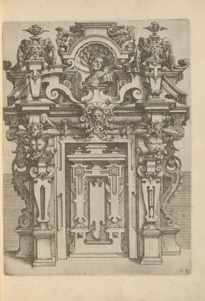 Portal Shaped Wall Decoration With Herms Mascarons And A Bust At The Top