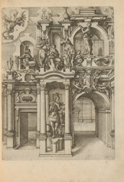 Portal With An Equestrian Statue And Minerva Sitting On Top With Five Women Playing Music