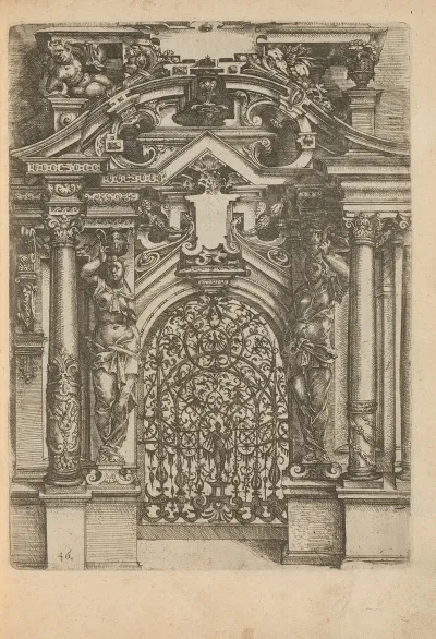 Portal With Iron Gate Flanked By Caryatids