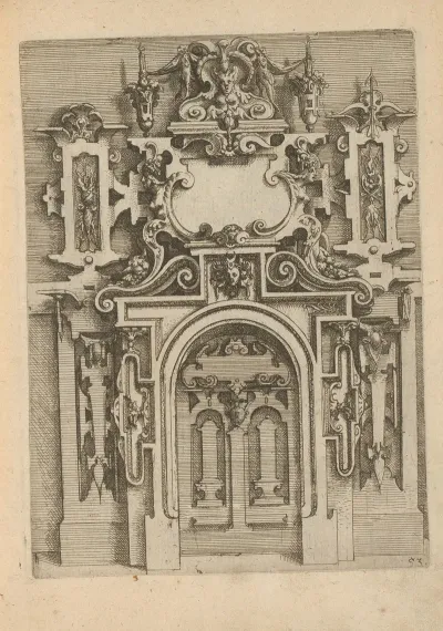 Portal With Mascarons Grotesques A Cartouche And Scrollwork