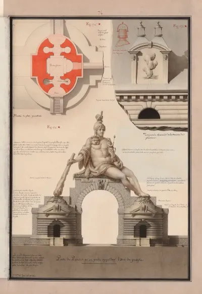 Porte Du Parisis Quon Peut Appeler Larc Du Peuple Moitie Du Plan Geometral Tuyaux De Cheminees De La Maison De Plaisance