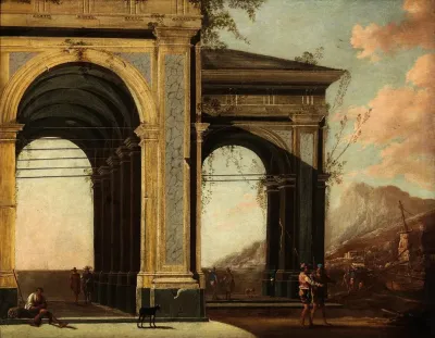 Portico With Loggia By The Sea With Boats And Figures
