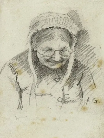 Portrait De Femme Agee Portant Une Coiffe Et Des Lunettes De Face Le Visage Penche En Avant