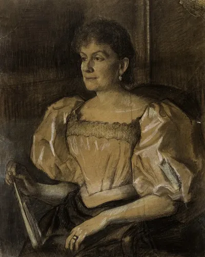 Portrait De Femme Assise De Trois Quarts Vers La Gauche Tenant Un Eventail Dans La Main Droite