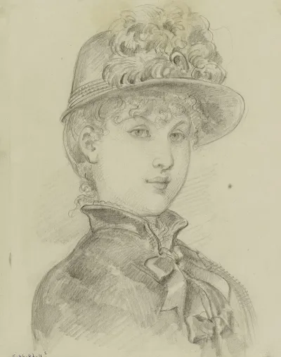 Portrait De Femme De Trois Quarts Avec Petit Chapeau De Plumes Et Veste A Col Haut Et Noeuds Sur Le Devant