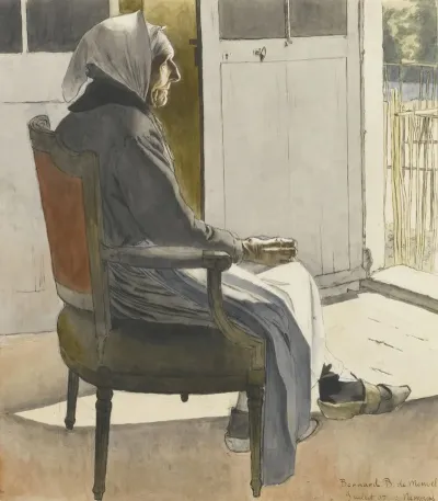 Portrait De Vieille Paysanne Assise Devant Une Port