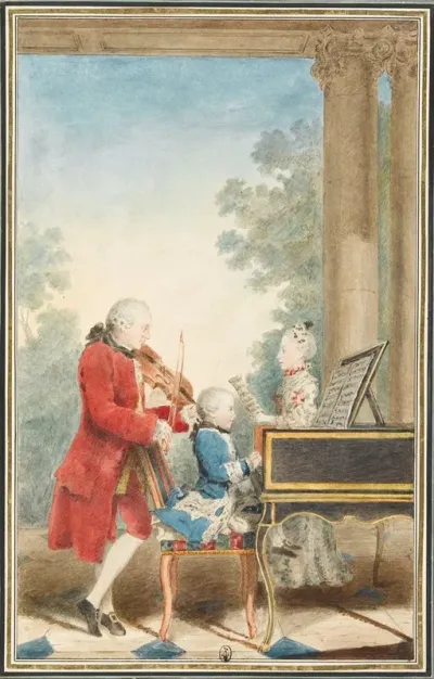 Portrait De Wolfgang Amadeus Mozart Salzbourg 1756 Vienne 1791 Jouant A Paris Avec Son Pere Jean Georg Leopold Et Sa Soeur Maria Anna