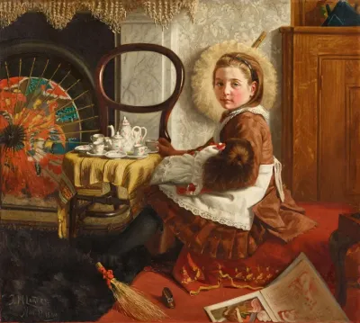 Portrait Der Elsie Esther Cornish Im Alter Von 7 Jahren An Einem Tisch Sitzend Mit Ihrer Puppe Und Einem Teeservice