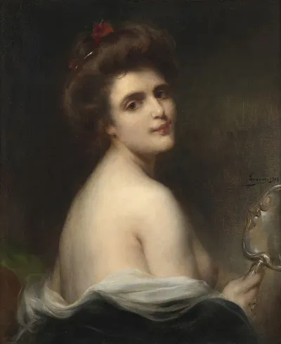 Portrait En Buste De Jeune Femme Au Miroir