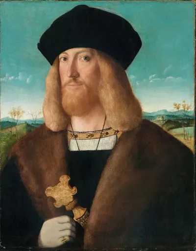 Portrait Of A Bearded Man Half Length Wearing A Fur Lined Coat And Holding A Dagger A Landscape Beyond