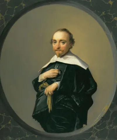 Portrait Of A Bearded Man Wearing A Black Coat With A Large White Collar Holding A Pair Of Gloves