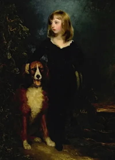 Portrait Of A Boy Full Length Standing In A Landscape With His Dog Said To Be Master Arbuthnot