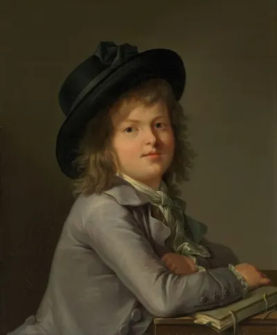 Portrait Of A Boy In A Black Hat Leaning On A Portfolio