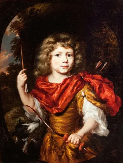 Portrait Of A Boy With A Bow And A Dog Amor