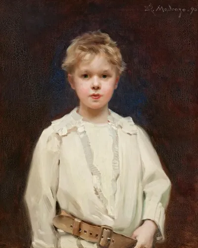 Portrait Of A Boy With A White Shirt And Brown Leather Belt