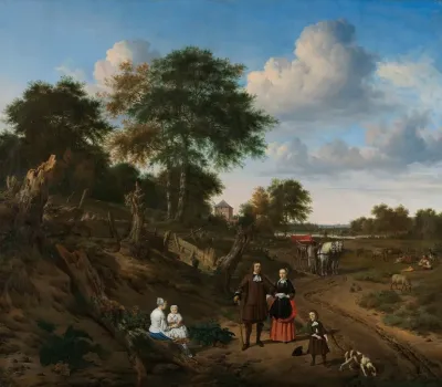 Portrait Of A Couple With Two Children And A Nurse In A Landscape