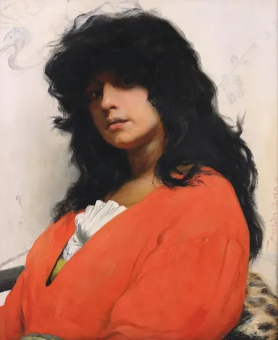 Portrait Of A Dark Haired Girl In Red Dress