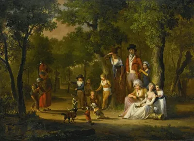 Portrait Of A Family In A Woodland Landscape With Gypsies And Dancing Dogs