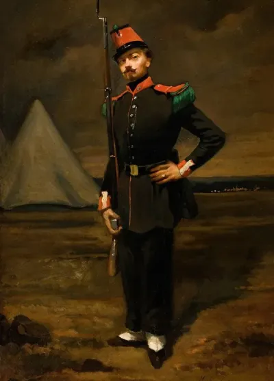 Portrait Of A French Soldier In Uniform Near His Encampment