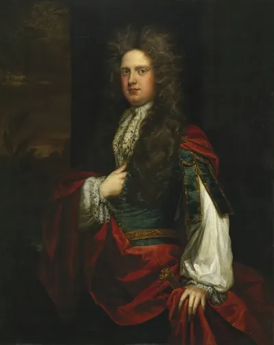 Portrait Of A Gentleman Dressed In Blue With A Red Mantle