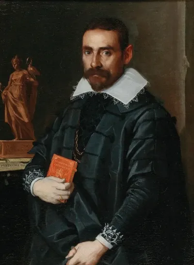 Portrait Of A Gentleman Three Quarter Length Holding A Book With A Statue In The Background