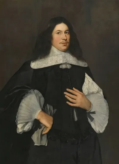 Portrait Of A Gentleman Three Quarter Length Holding A Pair Of Gloves In His Right Hand