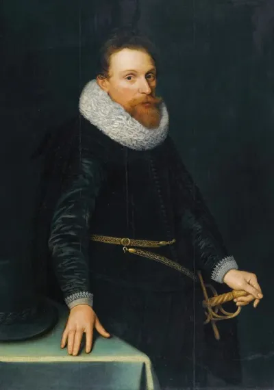 Portrait Of A Gentleman Three Quarter Length Standing Wearing A Black Tunic And White Ruff