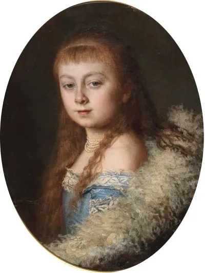 Portrait Of A Girl In A Blue Dress And Pearl Necklace