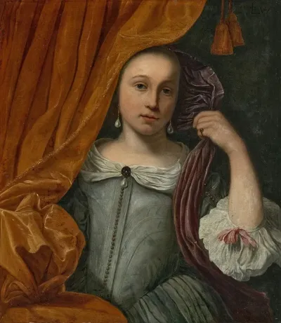 Portrait Of A Girl Peeking Out From Behind An Orange Curtain