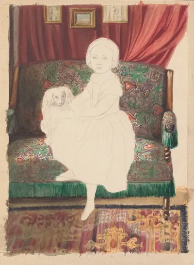 Portrait Of A Girl With A Dog On A Sofa