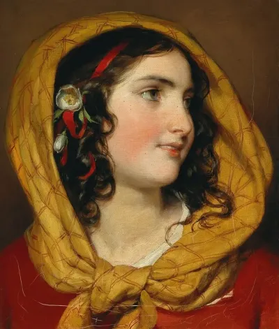 Portrait Of A Girl With A Red Hairband And A Yellow Headscarf